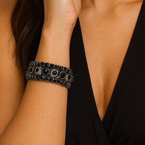 Vintage Silver Tone Stretch Black Rhinestone Bracelet Set of 3